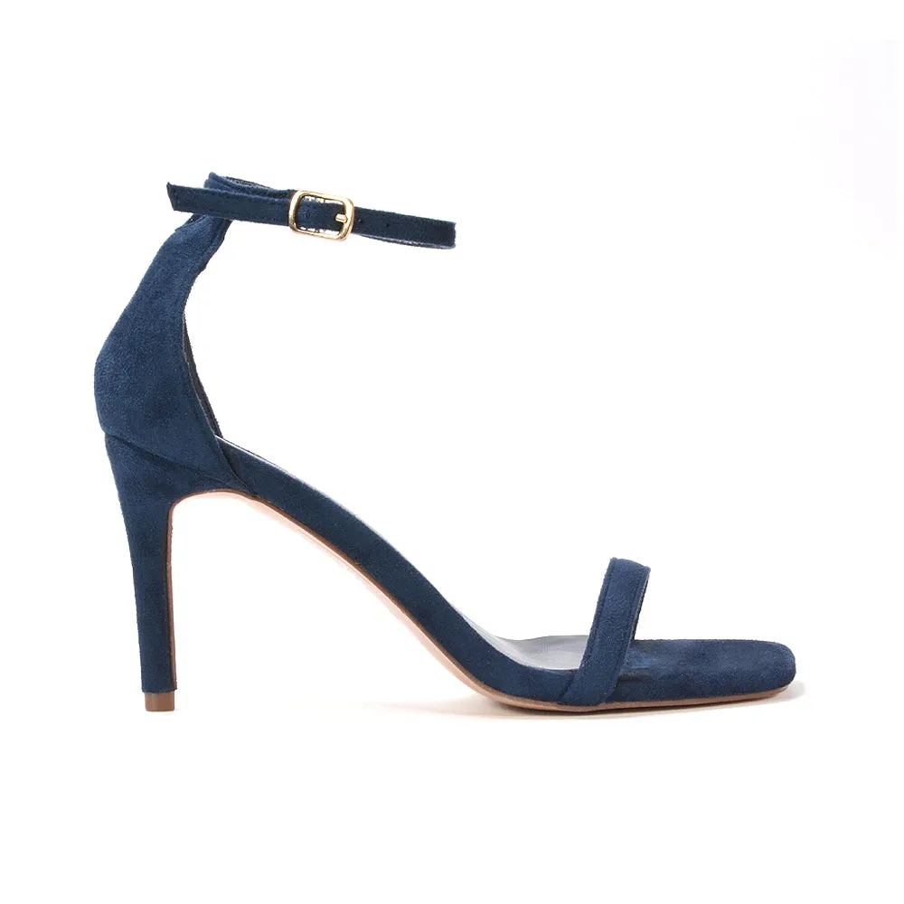 Emma Square Toe Stiletto High Heel Summer Sandals With Ankle Strap in Navy Faux Suede