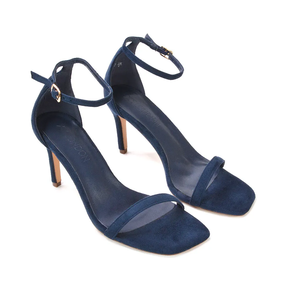 Emma Square Toe Stiletto High Heel Summer Sandals With Ankle Strap in Navy Faux Suede