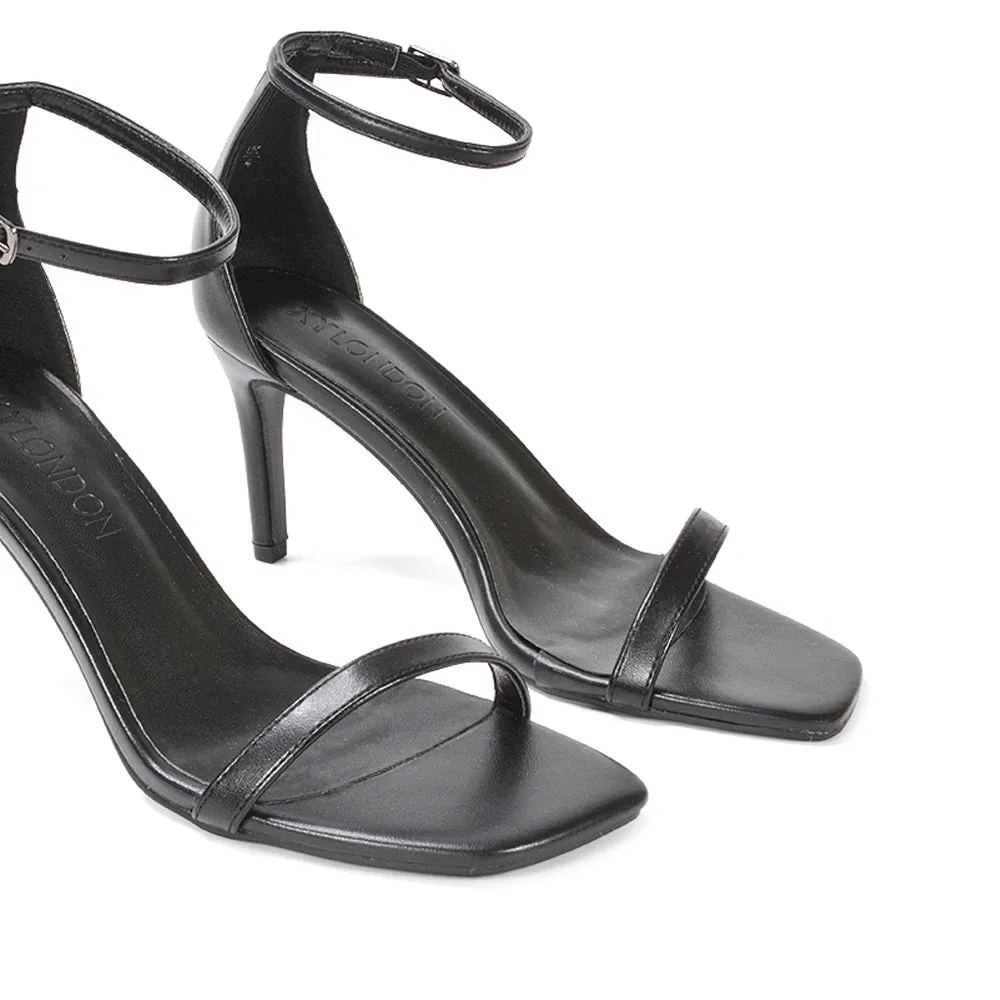Emma Square Toe Stiletto High Heel Summer Sandals With Ankle Strap in Navy Faux Suede