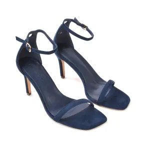 Emma Square Toe Stiletto High Heel Summer Sandals With Ankle Strap in Navy Faux Suede