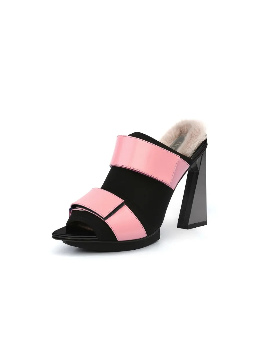 Faux Fur Back Heel Peep-Toe Sandal - Pink