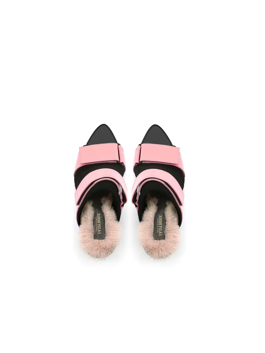 Faux Fur Back Heel Peep-Toe Sandal - Pink