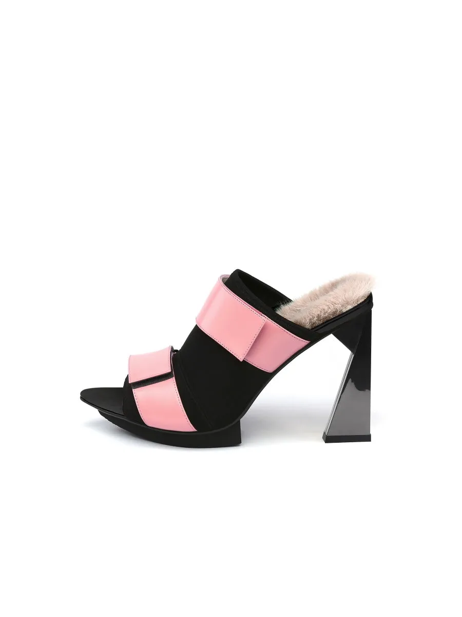 Faux Fur Back Heel Peep-Toe Sandal - Pink