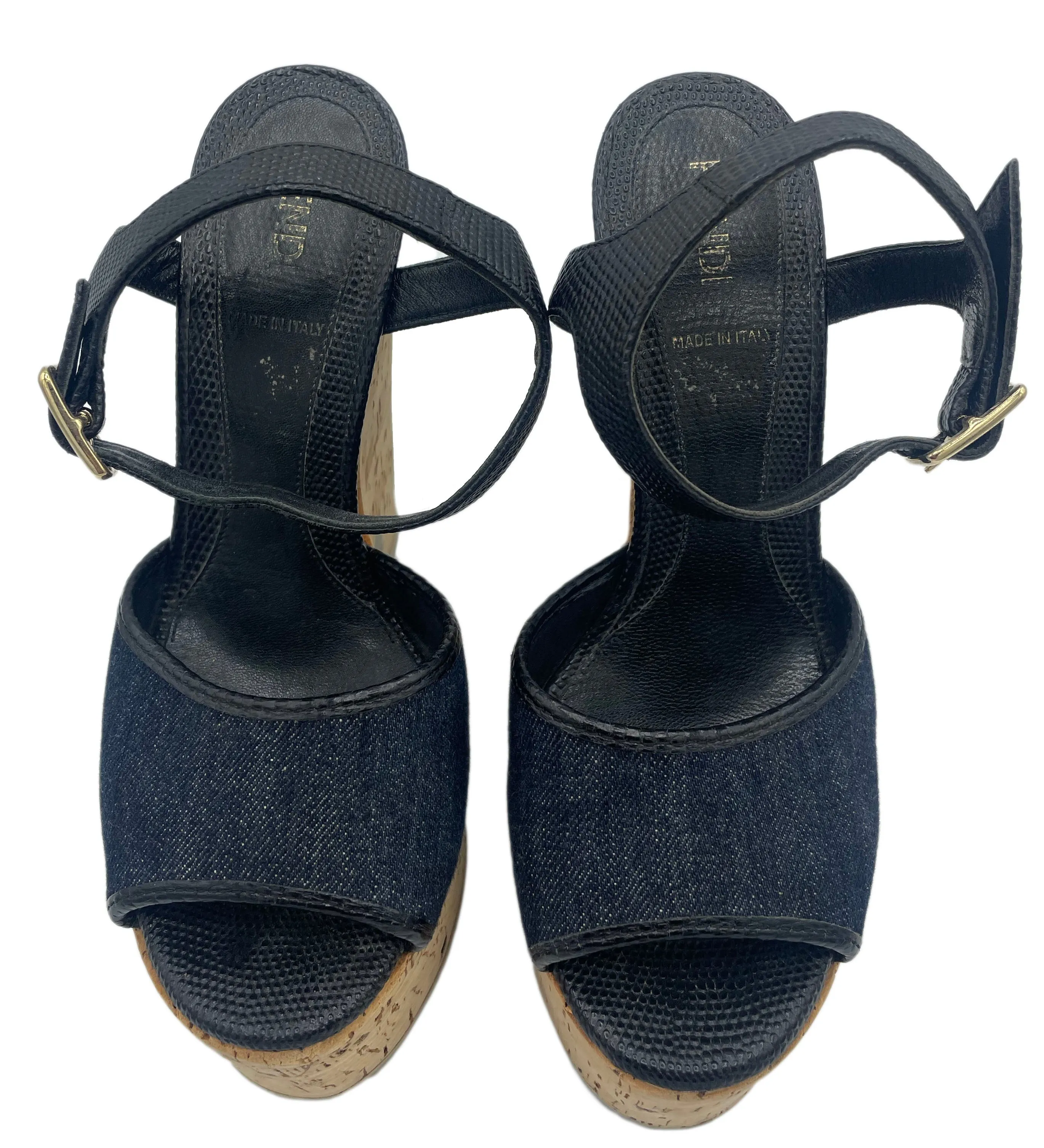 Fendi 2000's Blue Denim Cork Wedge Sandal Heels, 35