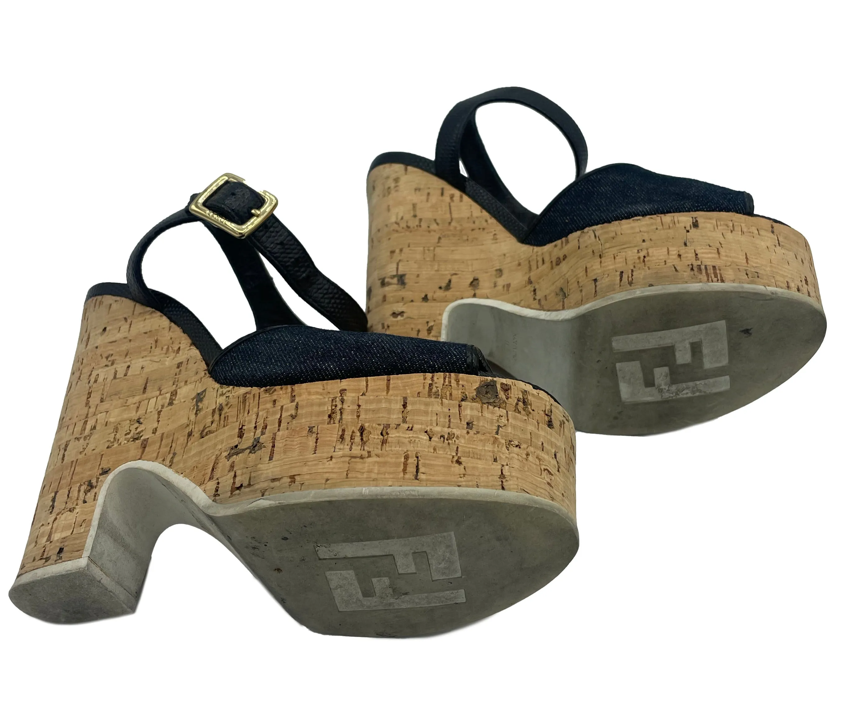 Fendi 2000's Blue Denim Cork Wedge Sandal Heels, 35