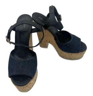 Fendi 2000's Blue Denim Cork Wedge Sandal Heels, 35