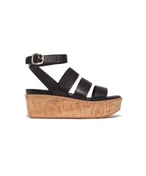 Fitflop Eloise Leather Cork Strappy Wedge Sandals Black