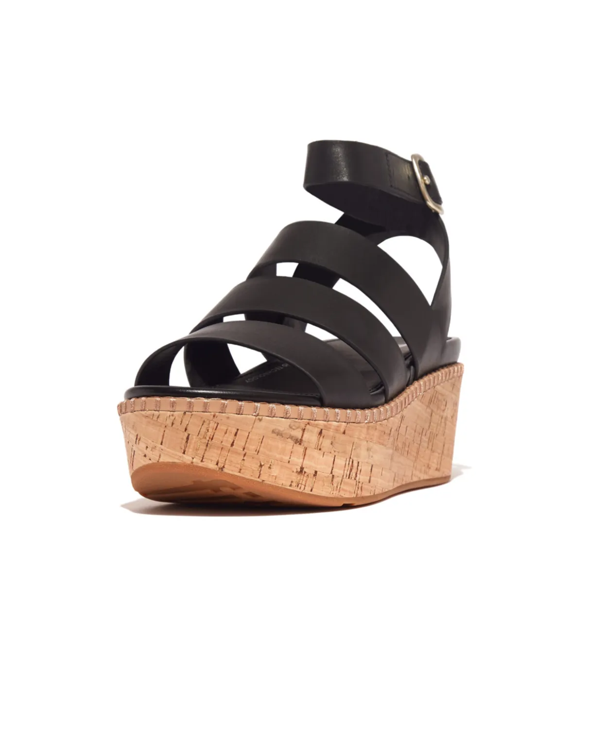 Fitflop Eloise Leather Cork Strappy Wedge Sandals Black