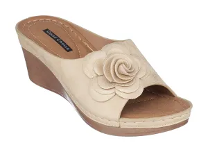 GC Shoes Womens Wedge Sandals, Open Toe Mid Heel Platform, Comfy Perforated Vegan Leather Strap Slides, Tokyo/Gold/Size 8