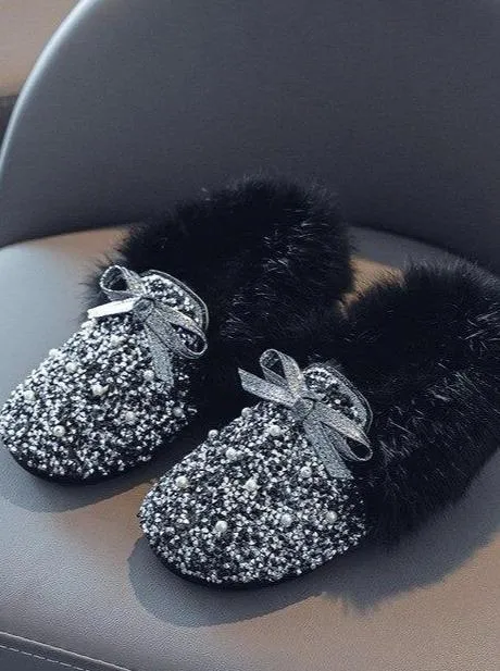 Girls Cozy Glitter Faux Fur Moccasin Loafers By Liv and Mia