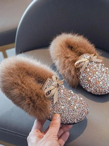 Girls Cozy Glitter Faux Fur Moccasin Loafers By Liv and Mia