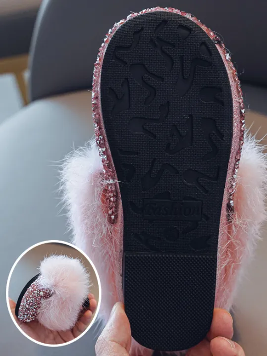 Girls Cozy Glitter Faux Fur Moccasin Loafers By Liv and Mia
