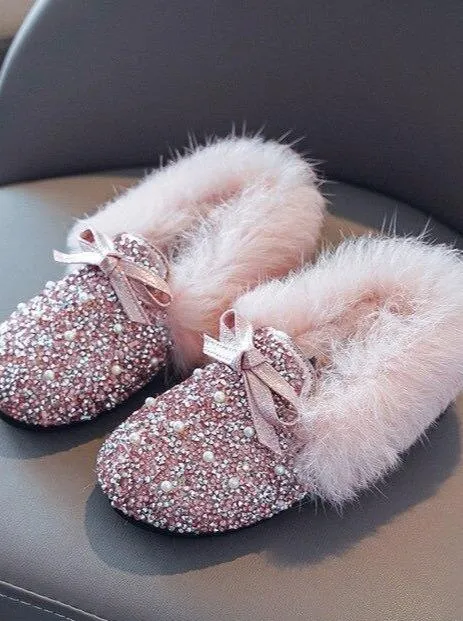 Girls Cozy Glitter Faux Fur Moccasin Loafers By Liv and Mia