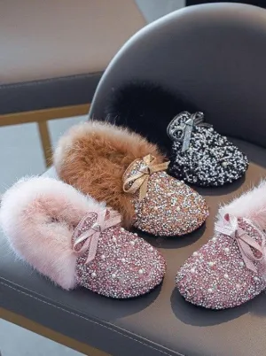 Girls Cozy Glitter Faux Fur Moccasin Loafers By Liv and Mia