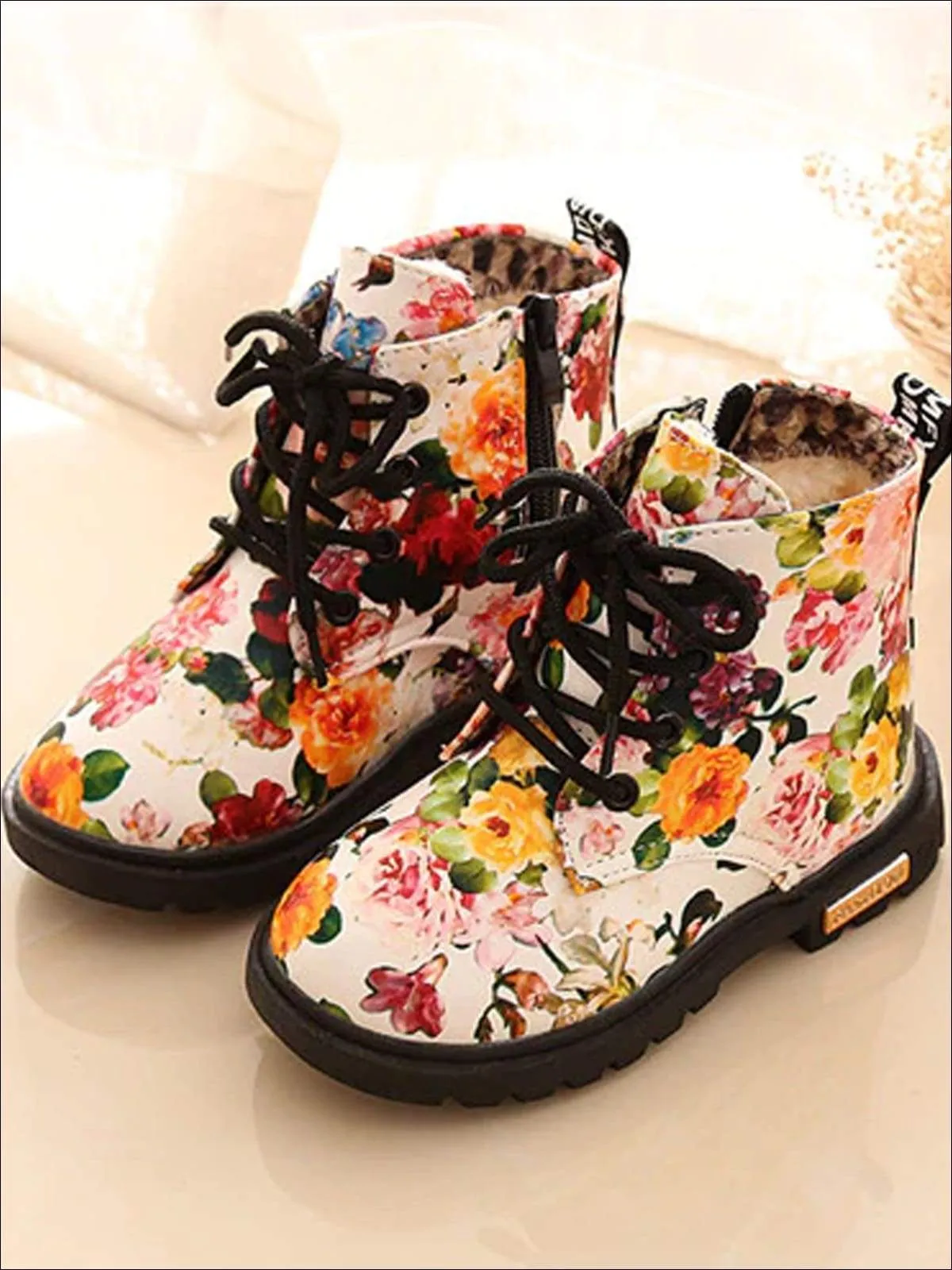 Girls Synthetic Leather Floral Combat Boots By Liv and Mia