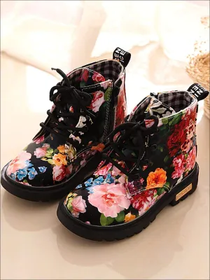 Girls Synthetic Leather Floral Combat Boots By Liv and Mia