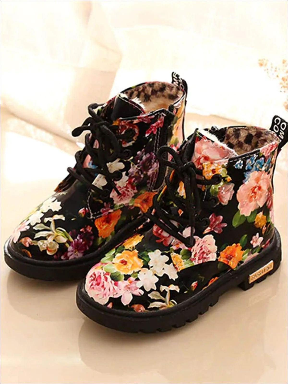 Girls Synthetic Leather Floral Combat Boots By Liv and Mia