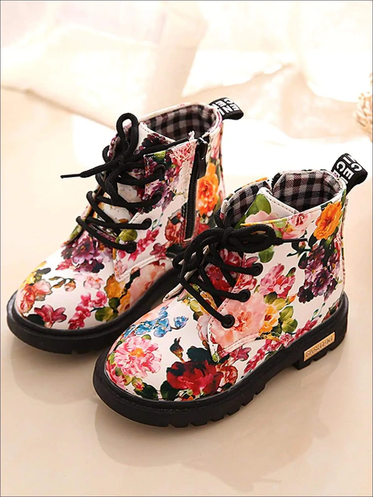 Girls Synthetic Leather Floral Combat Boots By Liv and Mia
