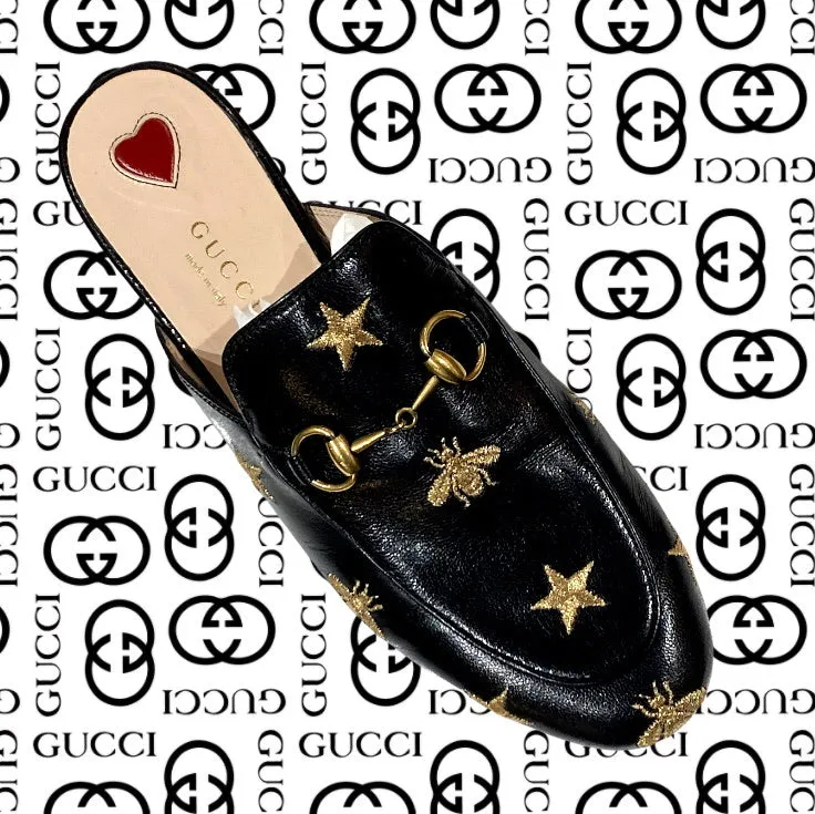 Gucci Black Leather Stars and Bees Loafer
