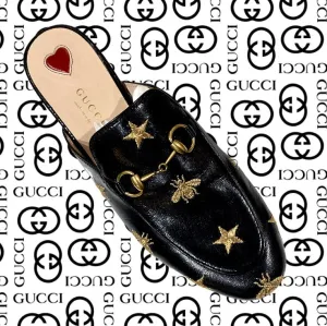 Gucci Black Leather Stars and Bees Loafer