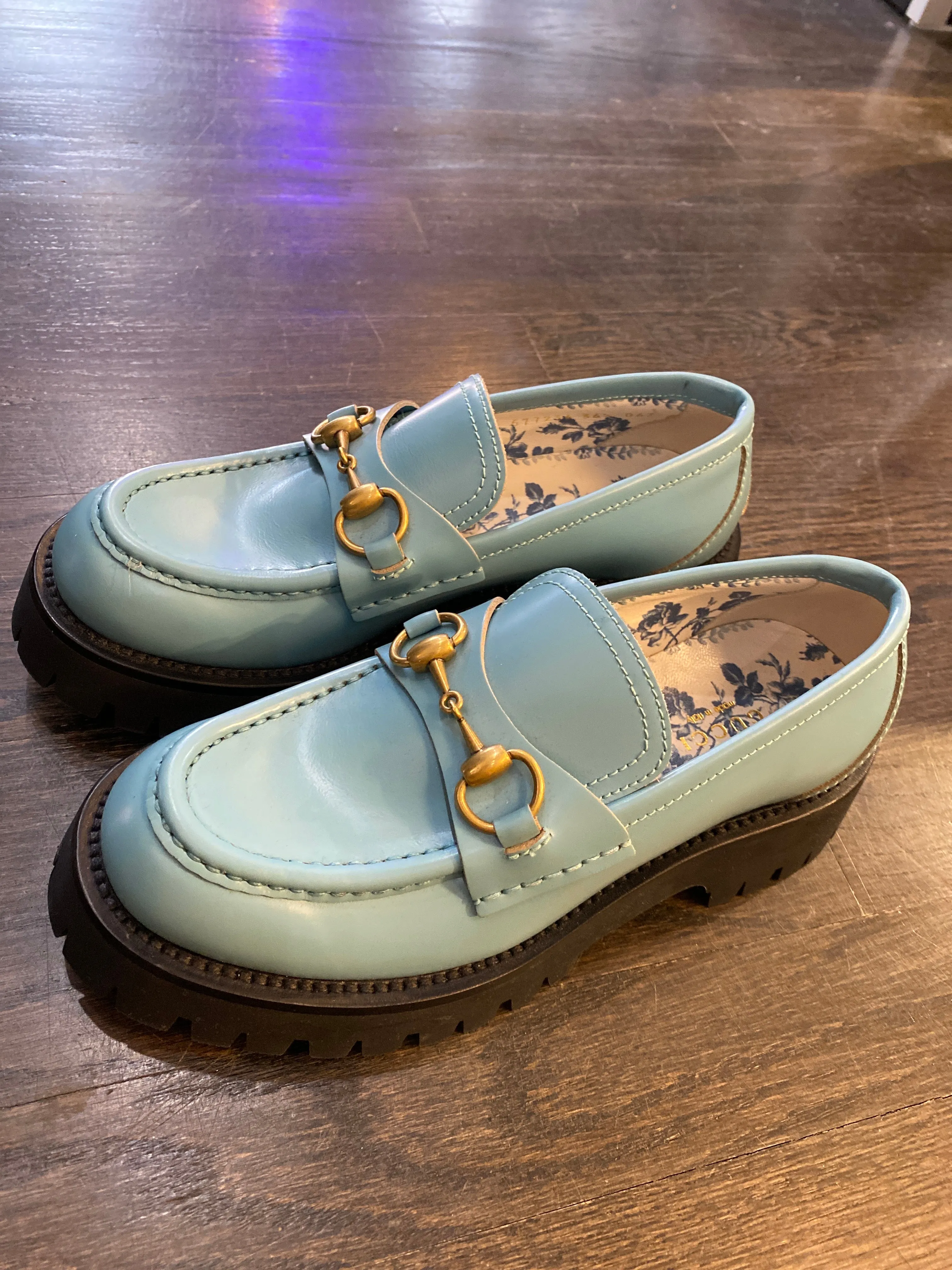 Gucci Bright Pale Blue Leather Lug Horsebit Harald Loafer
