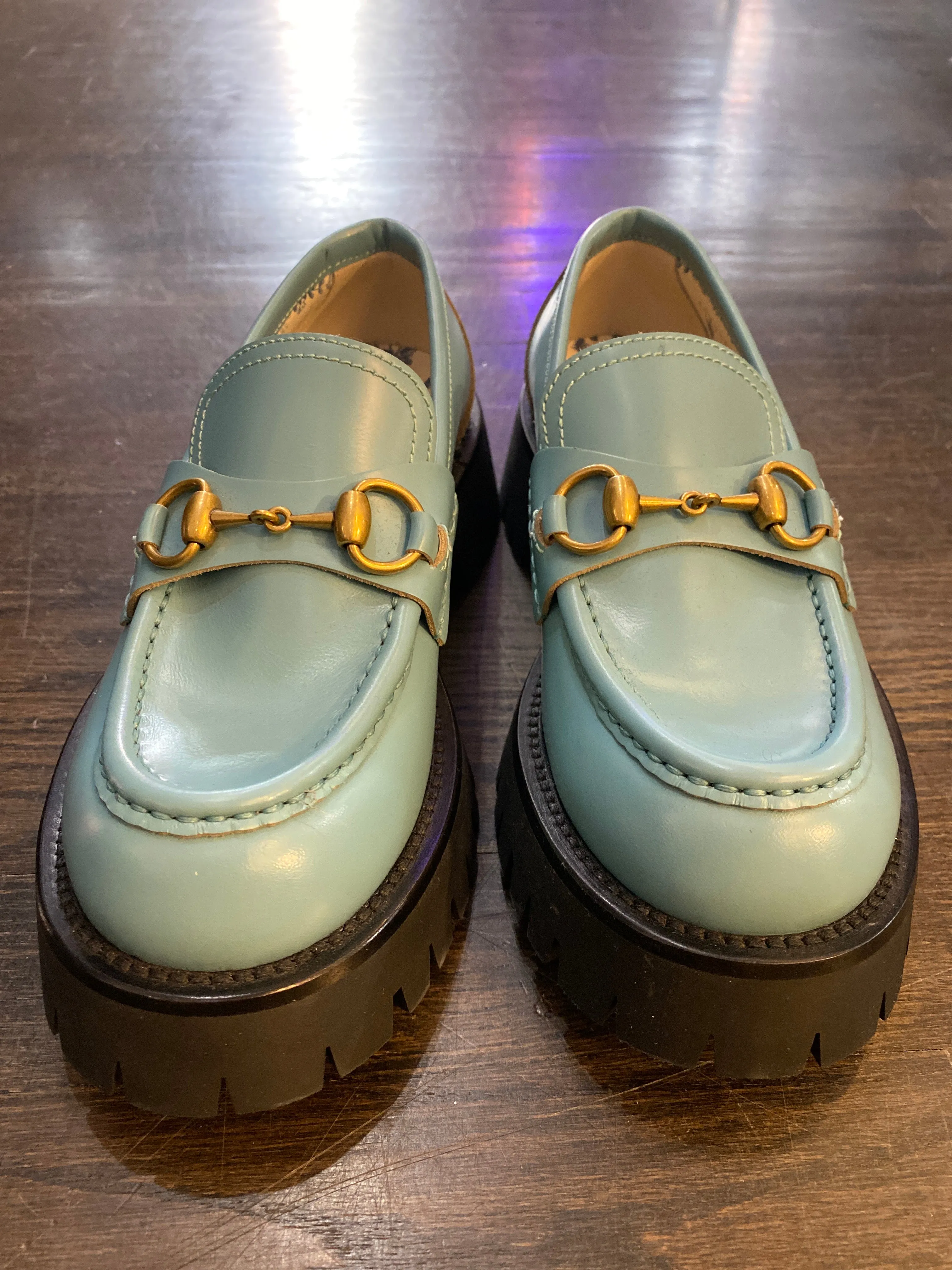 Gucci Bright Pale Blue Leather Lug Horsebit Harald Loafer