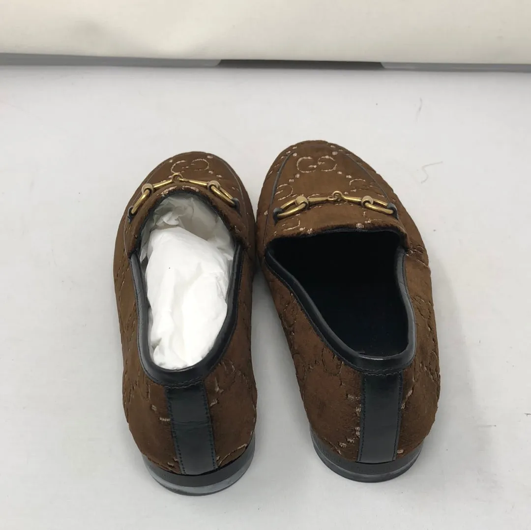 Gucci Brown Velvet GG Black Leather Trim Loafer