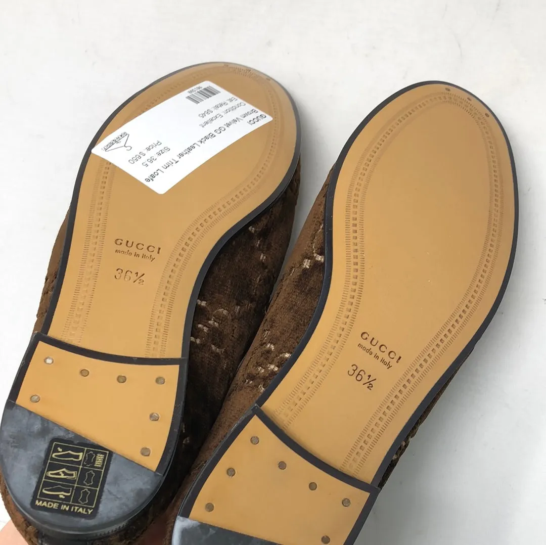 Gucci Brown Velvet GG Black Leather Trim Loafer