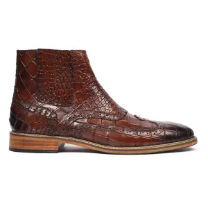 Handmade Customisable Brown Crocodile Pattern Leather Chelsea Boots For Men