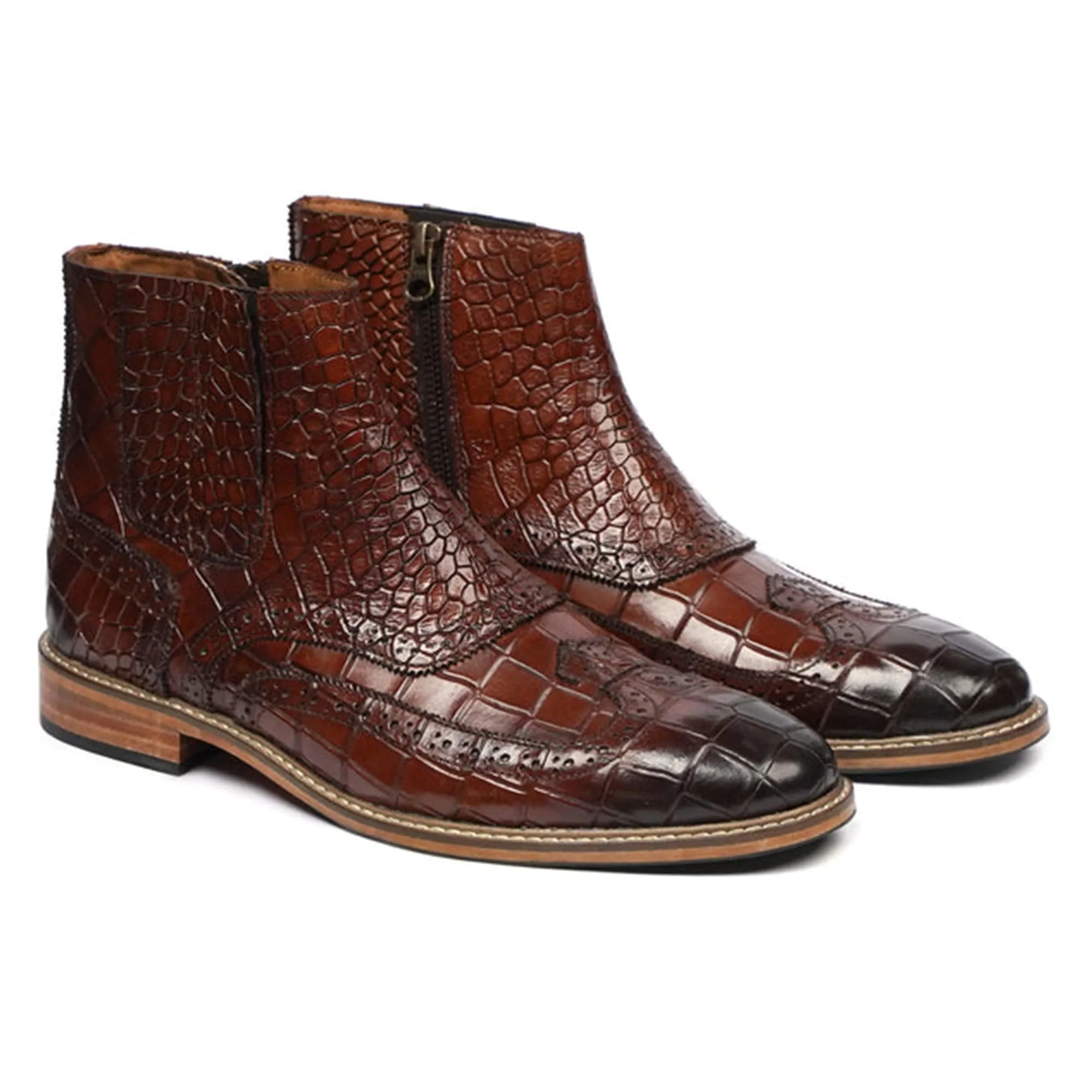 Handmade Customisable Brown Crocodile Pattern Leather Chelsea Boots For Men