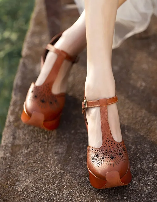 Handmade Summer T-strap Wedge Sandals
