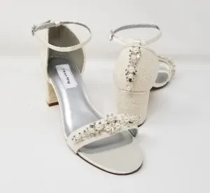 Ivory or White Lace Wedding Shoes Block Heel Crystal and Pearl Design