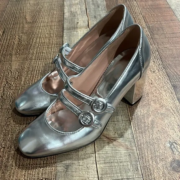 J. Crew Maisie double-strap heels in metallic leather BV726 5.5 silver