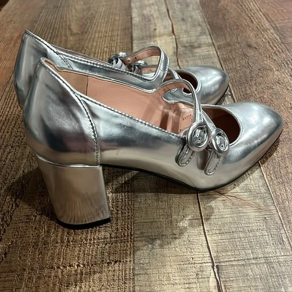 J. Crew Maisie double-strap heels in metallic leather BV726 5.5 silver