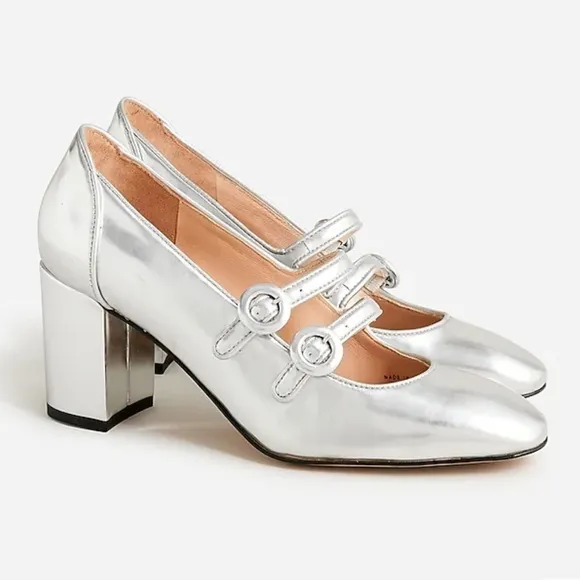 J. Crew Maisie double-strap heels in metallic leather BV726 5.5 silver