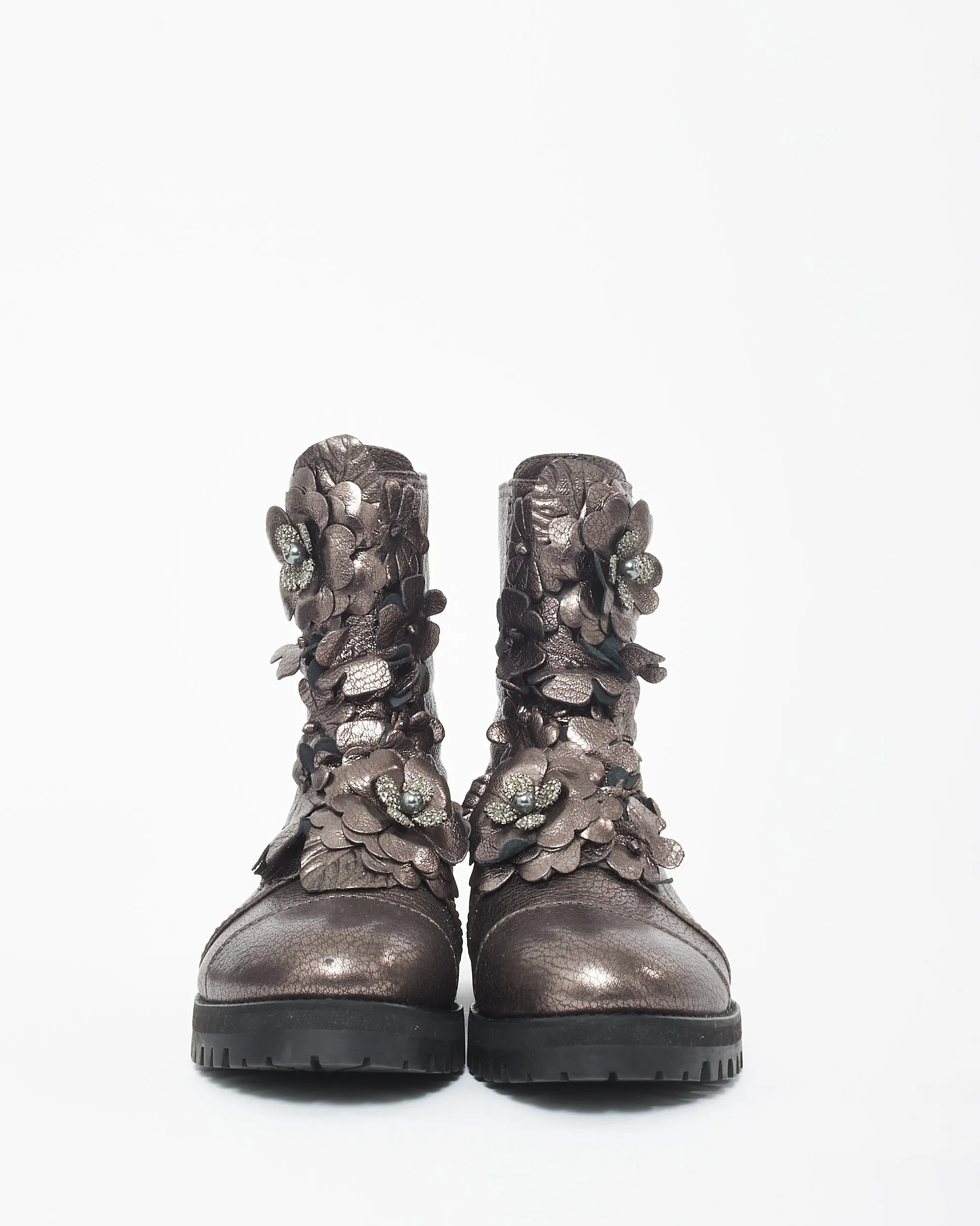 Jimmy Choo Gunmetal Floral Appliqué Combat Boots - 35.5