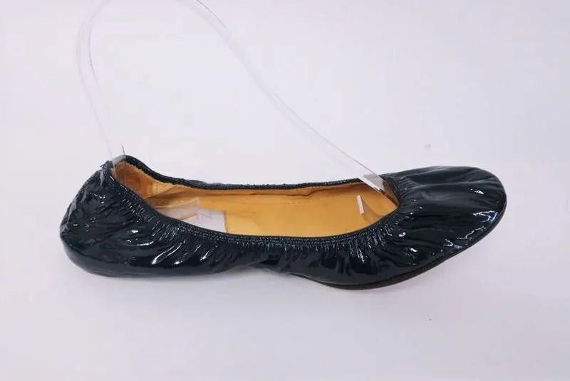 Lanvin Ballet Flats Navy Scrunched Patent Leather Size 38.5
