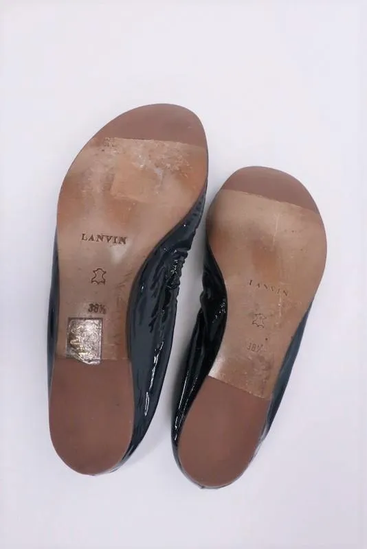 Lanvin Ballet Flats Navy Scrunched Patent Leather Size 38.5
