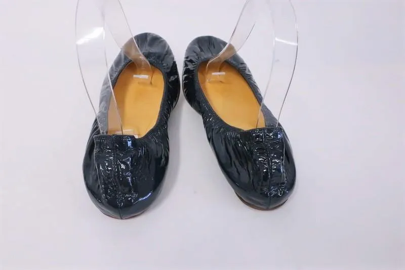 Lanvin Ballet Flats Navy Scrunched Patent Leather Size 38.5