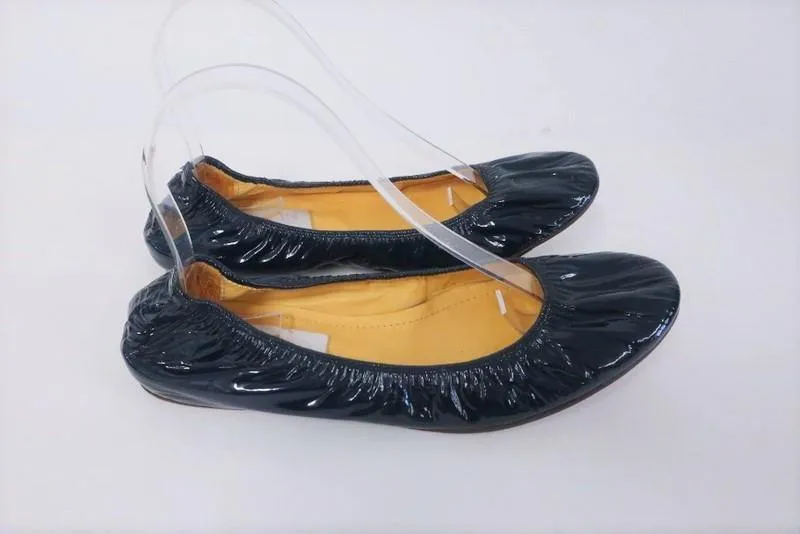 Lanvin Ballet Flats Navy Scrunched Patent Leather Size 38.5
