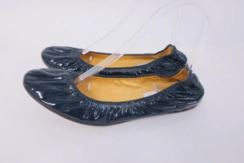 Lanvin Ballet Flats Navy Scrunched Patent Leather Size 38.5