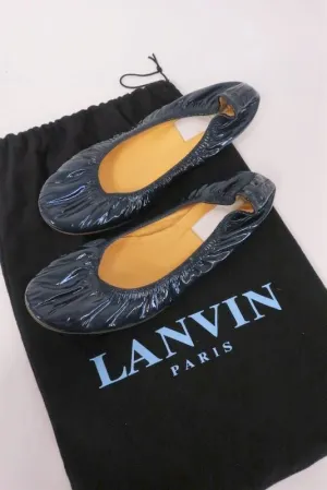 Lanvin Ballet Flats Navy Scrunched Patent Leather Size 38.5