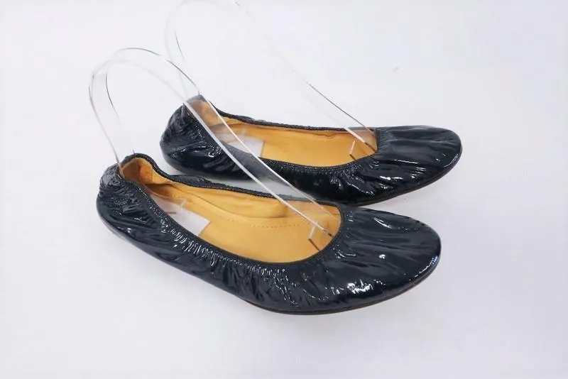 Lanvin Ballet Flats Navy Scrunched Patent Leather Size 38.5