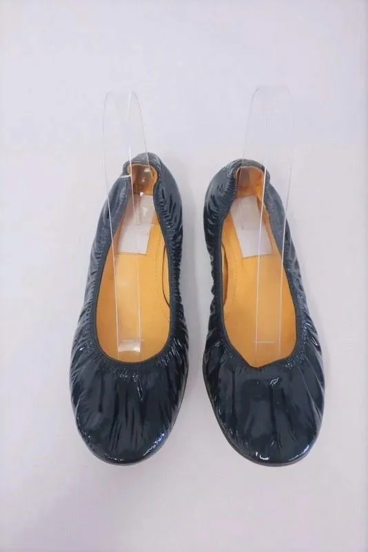 Lanvin Ballet Flats Navy Scrunched Patent Leather Size 38.5