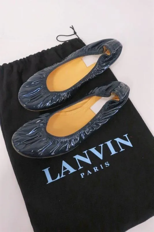 Lanvin Ballet Flats Navy Scrunched Patent Leather Size 38.5