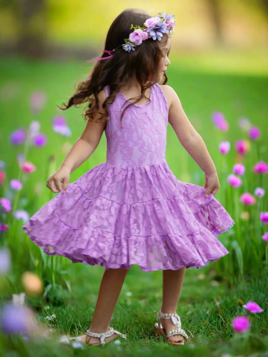 Lavender Floral Lace Tiered Ruffle Dress