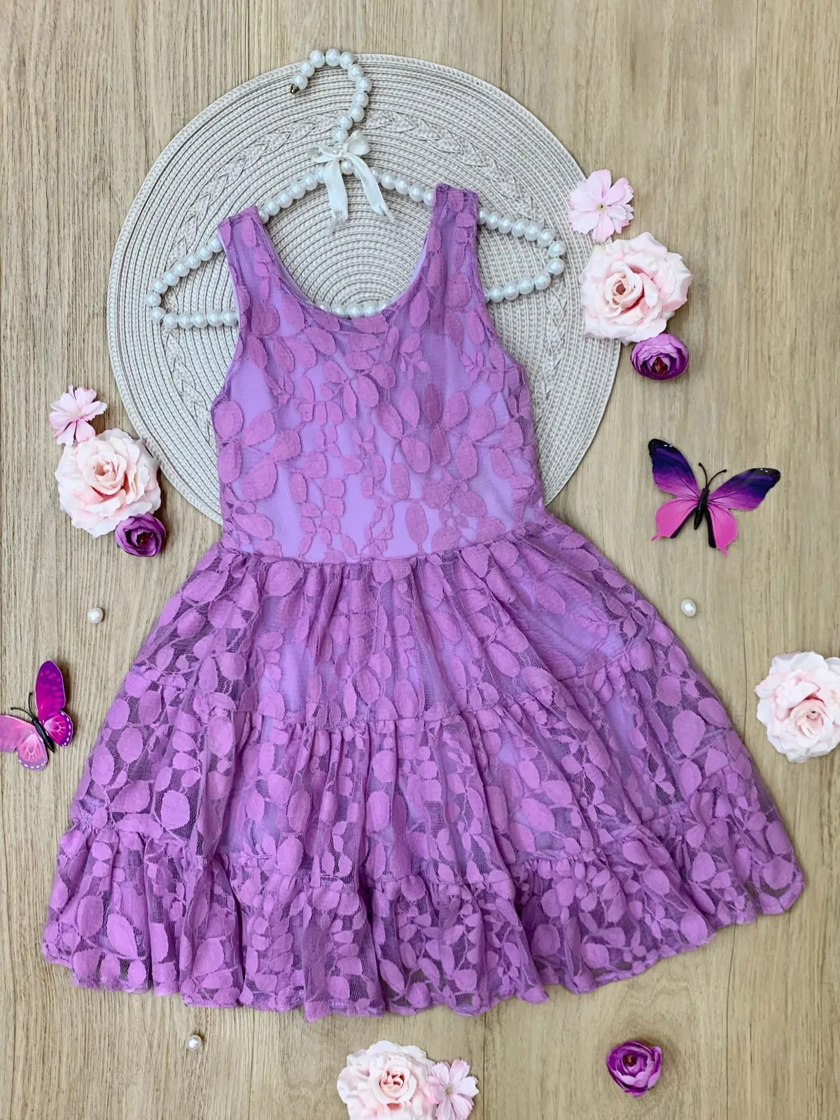 Lavender Floral Lace Tiered Ruffle Dress