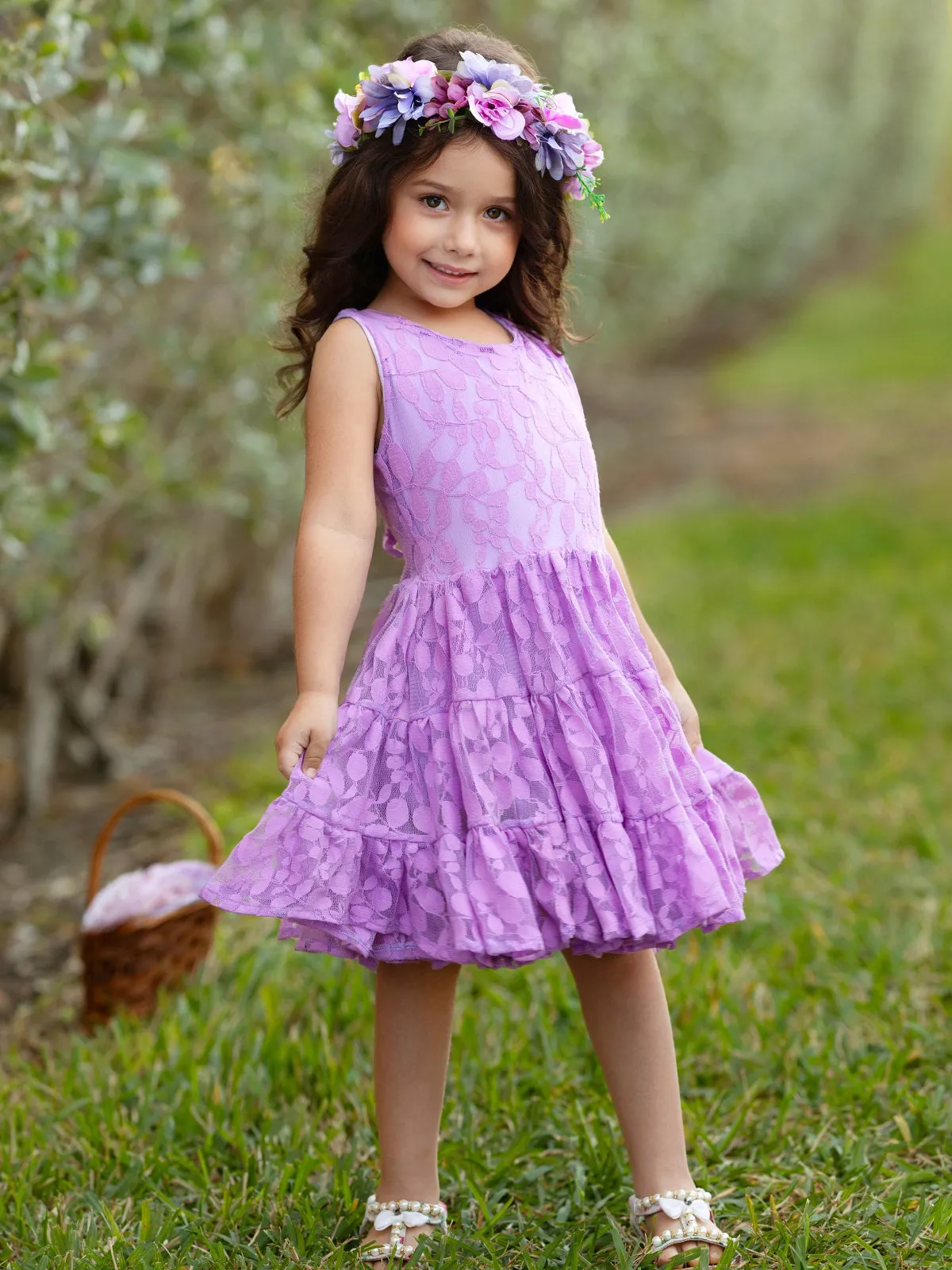 Lavender Floral Lace Tiered Ruffle Dress