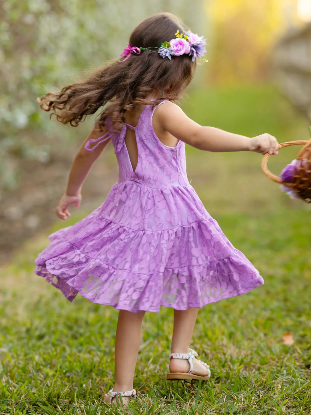 Lavender Floral Lace Tiered Ruffle Dress