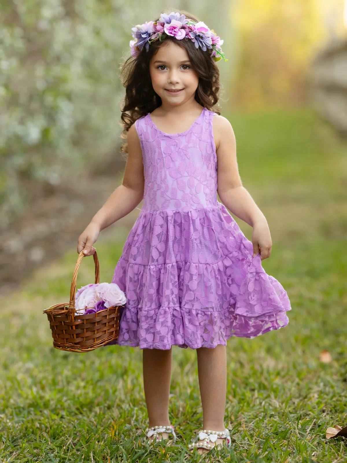 Lavender Floral Lace Tiered Ruffle Dress